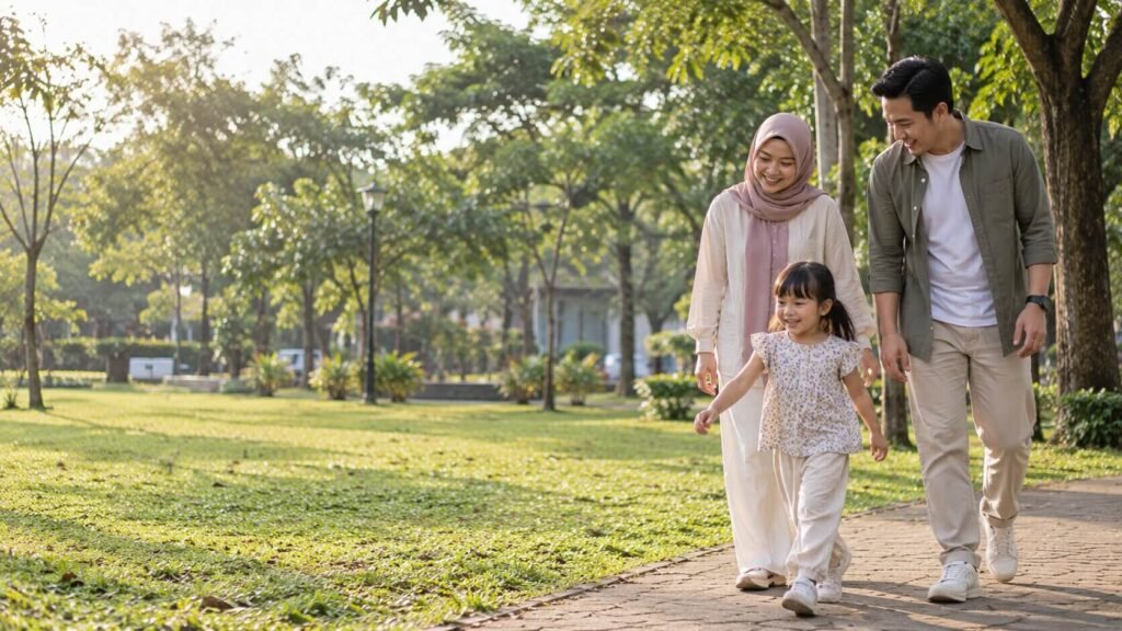 Orang tua berjalan bersama anak di taman
