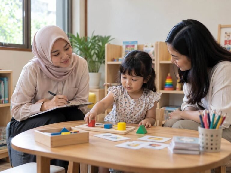 Ibu mendampingi anak belajar menggambar bersama pendamping
