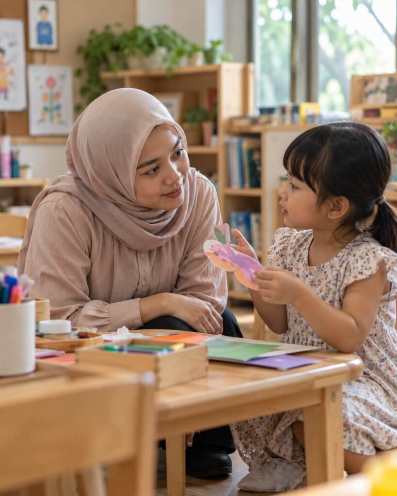 Pendamping dan anak berkegiatan bersama di ruang belajar